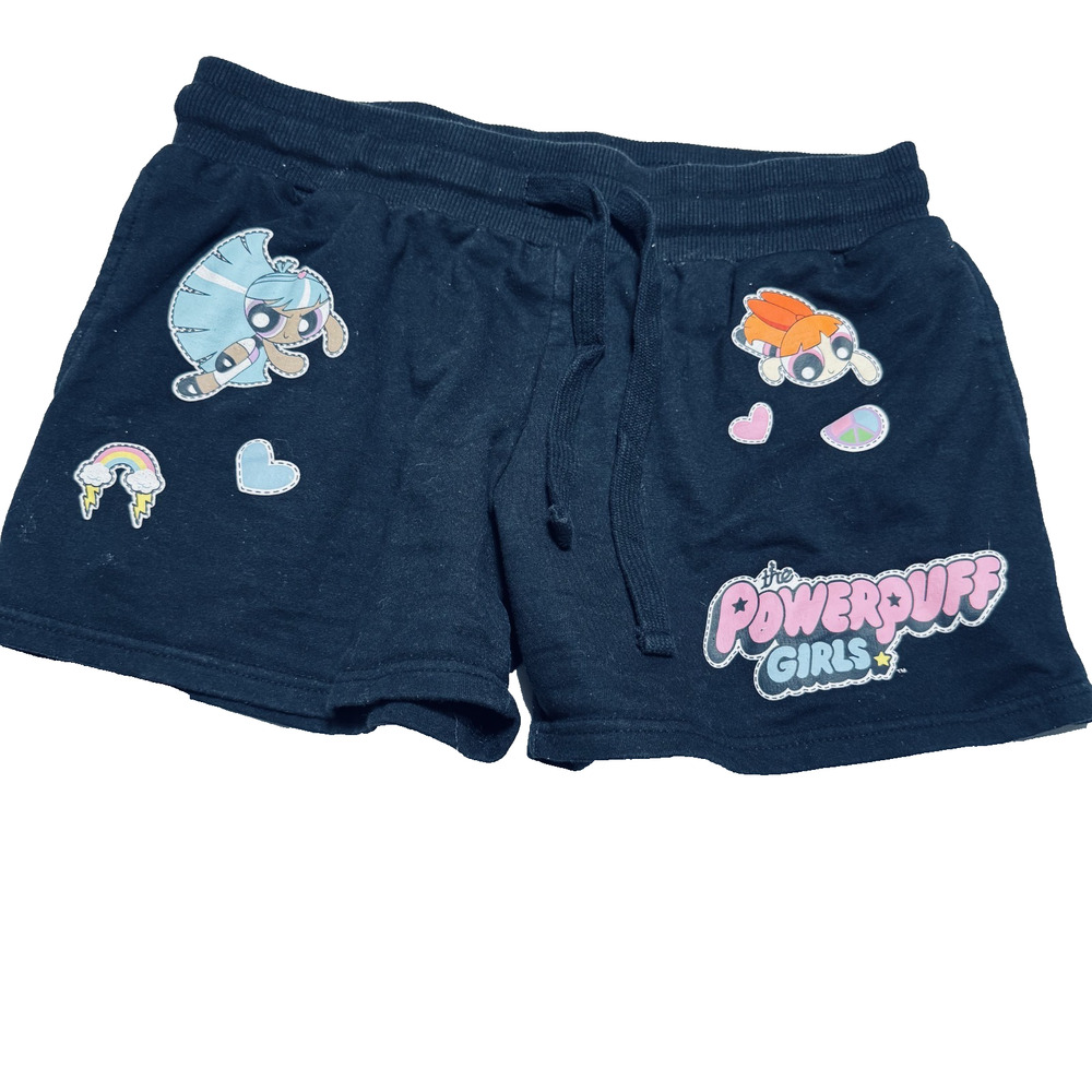 Y2K Power Puff Girls Knit Shorts Juniors 7/9 Medium Black Elastic Drawstring